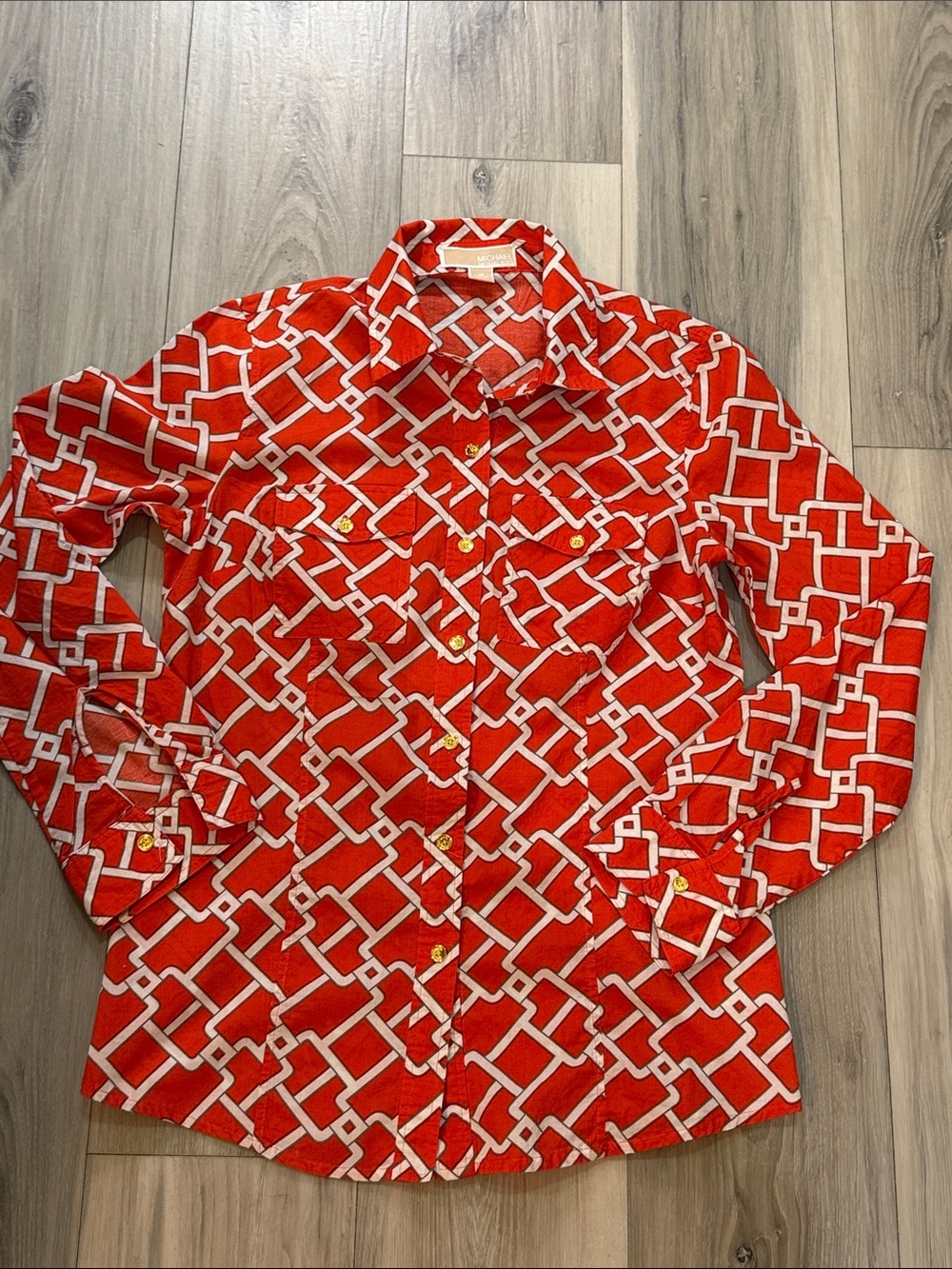 MICHAEL Michael Kors orange  and White Geometric Button-Up Blouse M